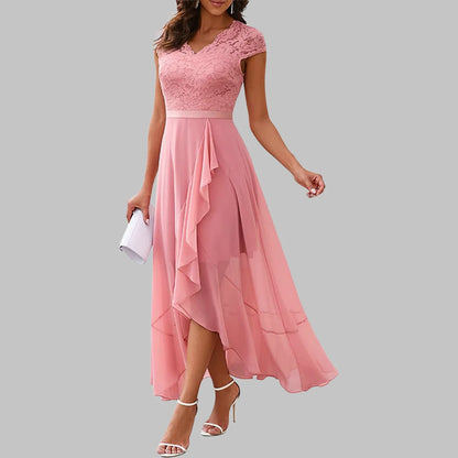 Women New Evening Party Dress Summer Elegant Fashion Sleeveless Lace Spliced Chiffon Ruffled Irregular Hem Cocktail Long Dresses