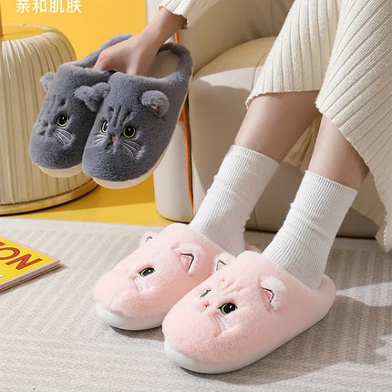 Cute Cat Slippers Fluffy Furry Women Home Platform Slippers Men Winter Plush Slides Indoor Fuzzy Slippers Lovely Cotton Shoes