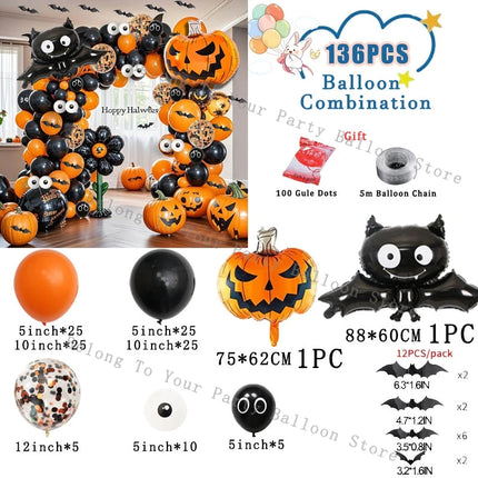 Halloween Pumpkin Balloons Garland Arch Kit Orange Black Balloon 3D Bat Sticker Eye Globos Birthday Party Halloween Decorations