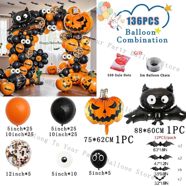 Halloween Pumpkin Balloons Garland Arch Kit Orange Black Balloon 3D Bat Sticker Eye Globos Birthday Party Halloween Decorations