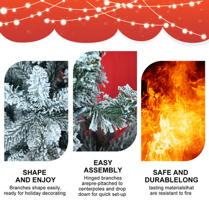 152/213cm Artificial Christmas Decoration Tree 694/1401 Branch Tips Flocked Xmas Tree Sturdy Metal Stand Auto-Spread/Close up