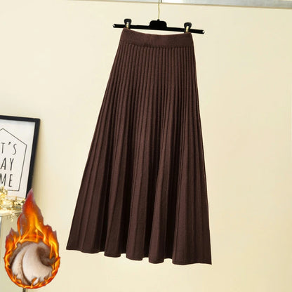 2024 Brand Designer Women Autumn Winter Thick Elegant Chic Solid Pleated Skirt High Waist Luxury Fashion With Elastic Female