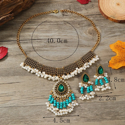 3pcsEuropean and American Bohemian Crystal Jewelry National Style Gemstone Fringe Necklace Earring Set
