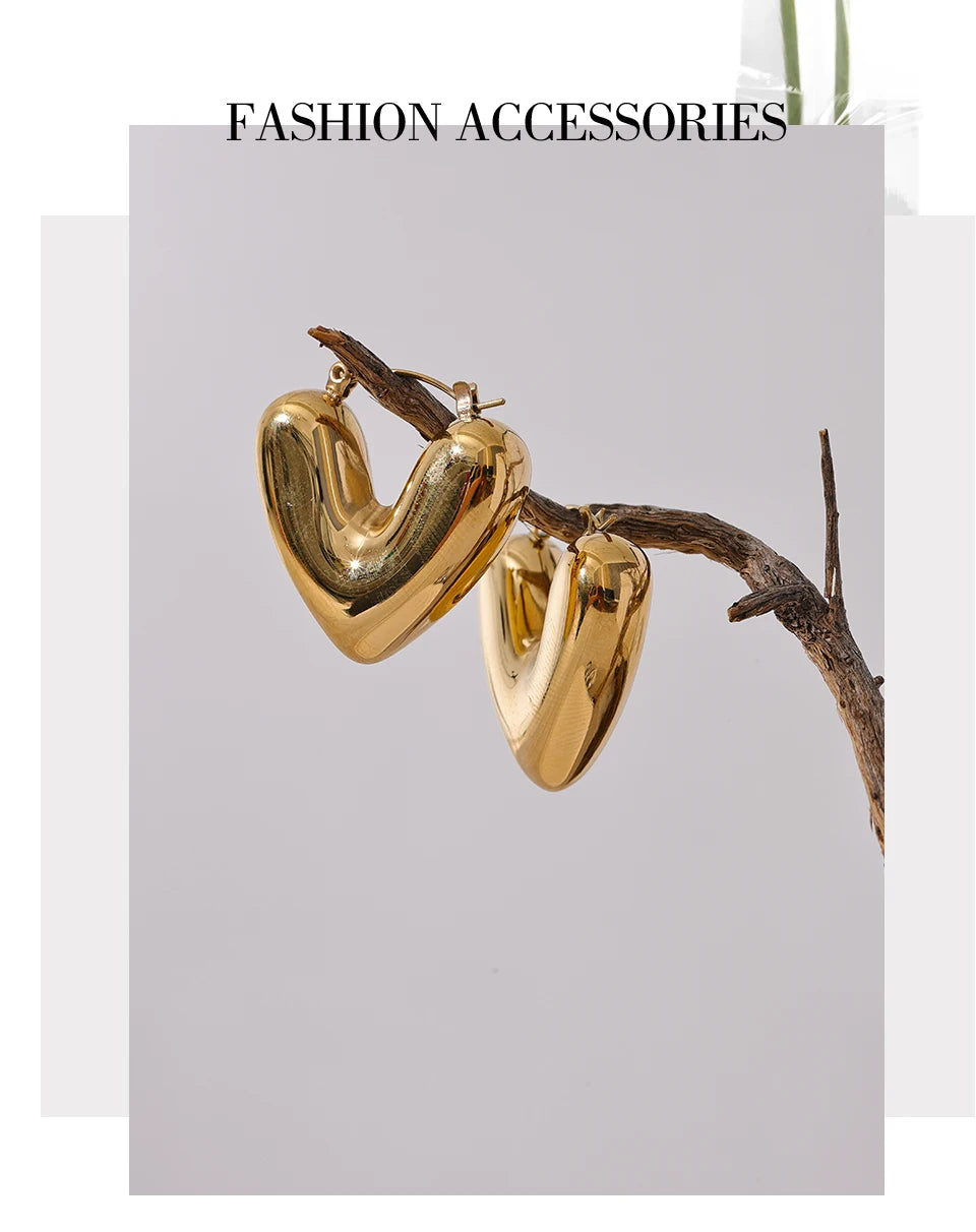 Yhpup Fat Fashion Stainless Steel Heart Chunky Hoop Earrings Charm Metal Texture Rust Proof Versatile Jewelry серьги тренд