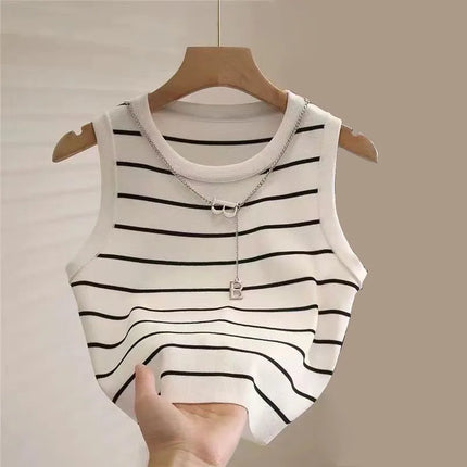 New waistcoat women wear striped wide edge temperament summer top short knit sleeveless bottom shirt