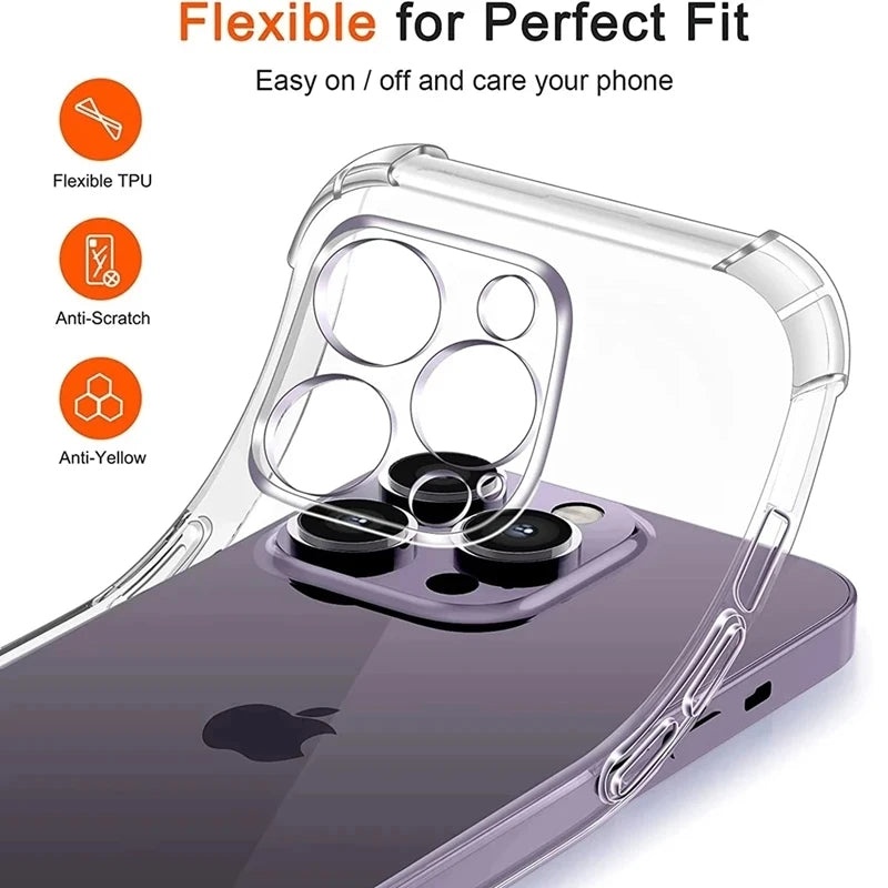 Shockproof Silicone Clear Phone Case for iPhone 13 11 14 Pro Max 12 Mini Lens Protection Back Case for IPhone 15 16 PRO XS MAX X