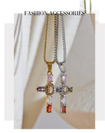 Yhpup Delicate Colorful Bling Cubic Zirconia Cross Pendant Stainless Steel Luxury Necklace High-Grade Fashion Shiny Jewelry Gift