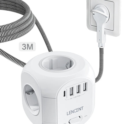 LENCENT EU Plug Power Strip with 4 AC Outlets 3 USB Port 1 Type C 2M/3M Braided Cable Multi Socket with Switch for Home
