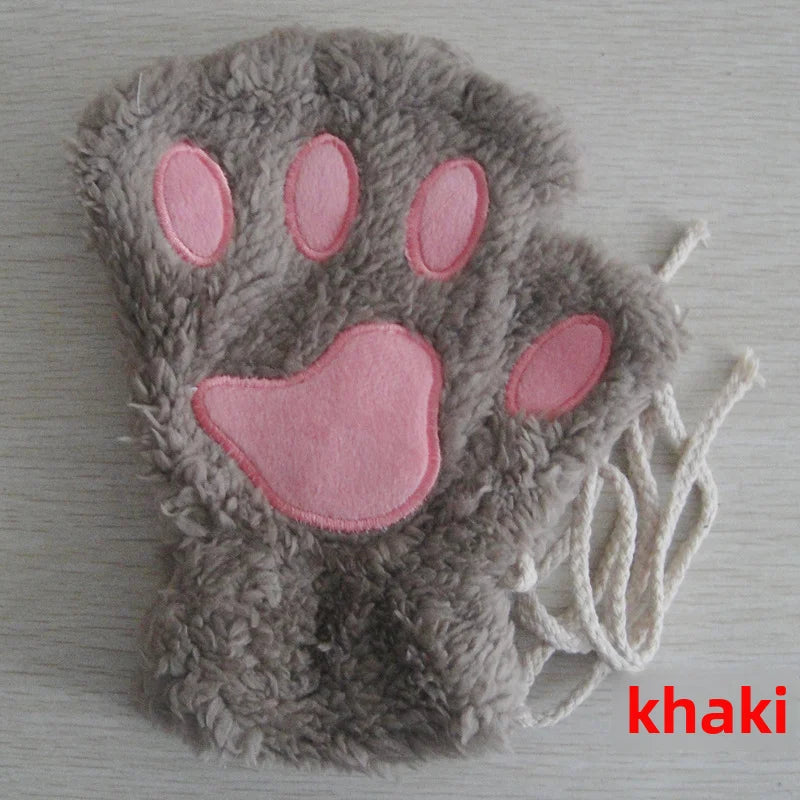 Cat Claw Gloves Winter Cute Cartoon Cat Girls Fingerless Gloves Thickened Velvet Bear Paw Half Finger Gloves