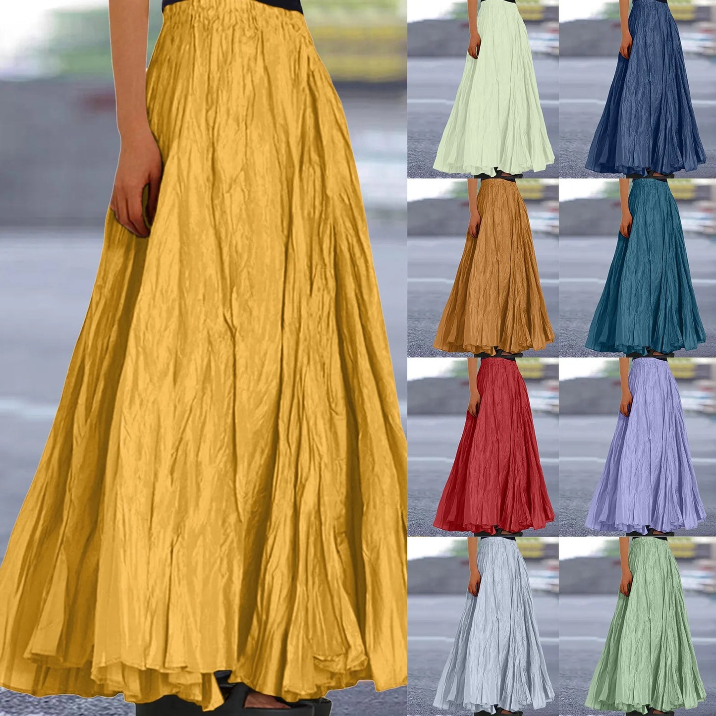 Women's Fashion Skirt Casual High Waist Ruched Soild Color Vintage Loose Beach Holiday Big Swing Wrap Hip Versatile Long Skirt