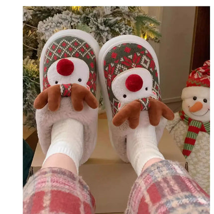 2024 New Christmas Cotton Slippers For Woman Cute Cartoon Deer Anti-slip Girls Indoor Home Floor Shoes Fashion Party Slides