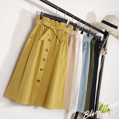 Summer Autumn Skirts Womens Midi Knee Length Korean Elegant Button High Waist Skirt Female Pleated School Skirt