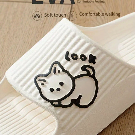 Fashion Summer Women's SLippers Chic Cartoon Kawaii Cat Print Slides Slip-on Bathroom EVA Flat Heel Indoor Cute Shoes
