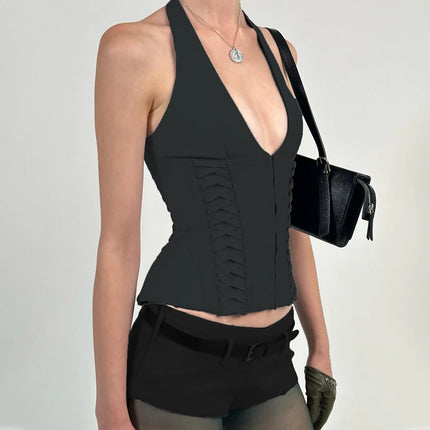 WhereMery Fashion Cross Tie Zipper Slim Women's Vest Sexy Off Shoulder Backless Sleeveless Halter Top Casual Summer Street Camis