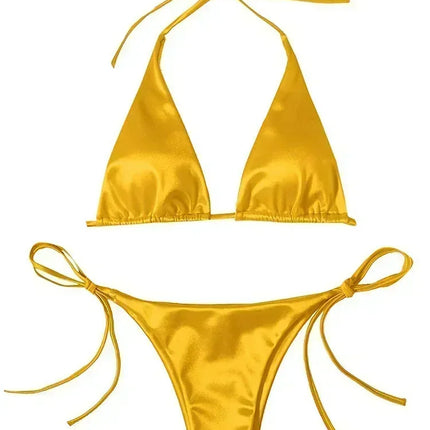 Halter Brazilian Metallic Satin Bikini Women Swimwear Female Swimsuit Two-pieces Bikini Set High Cut Bathing Suit Swim Beachwear