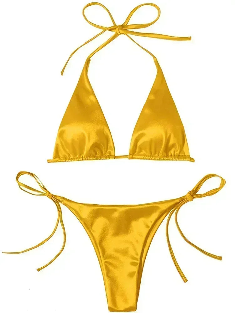 Halter Brazilian Metallic Satin Bikini Women Swimwear Female Swimsuit Two-pieces Bikini Set High Cut Bathing Suit Swim Beachwear
