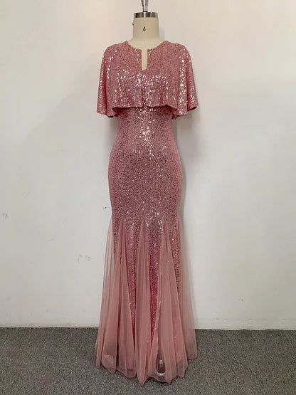 V-Neck Mermaid Dress with Shawl, Long Formal Prom Party Gown, Sequins Sleeveless, Sexy Evening Dress, Plus Size