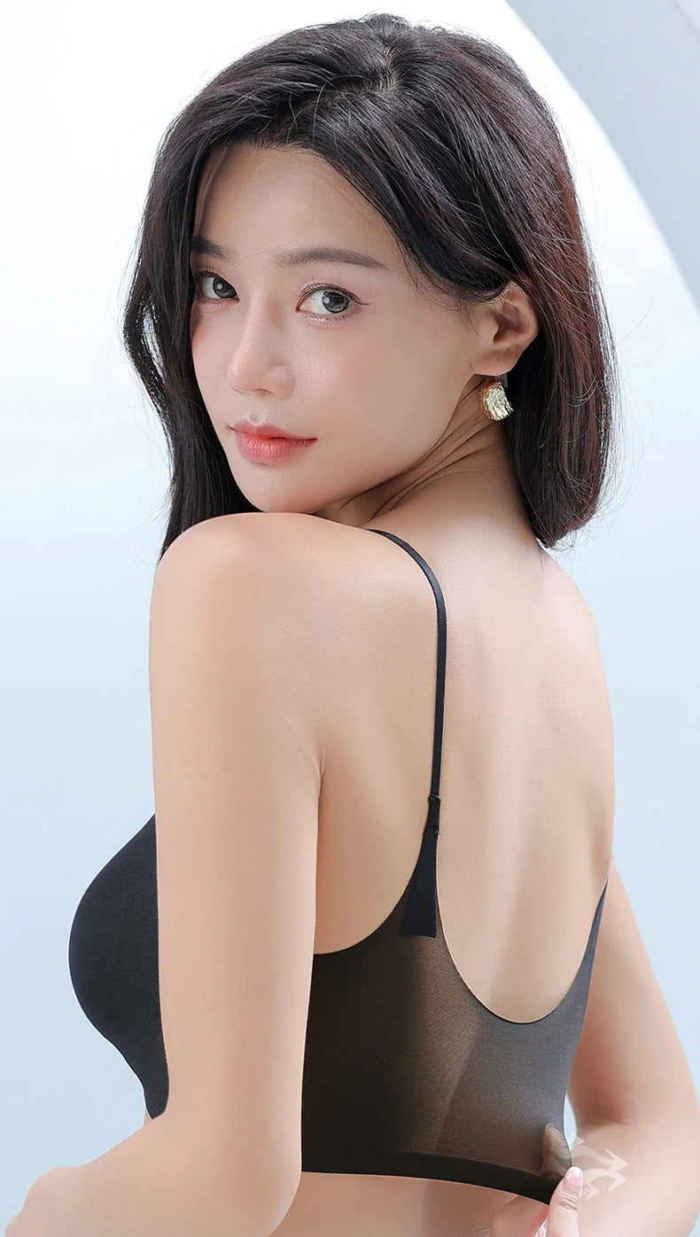 Ultra-thin Ice Silk Padded Bra Seamless Underwear Women's Thin Section  Sling Beautiful Back Vest Tops Big Chest Small Sleep Bra