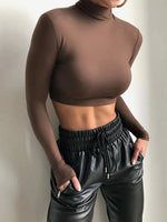 Basic Sheath Women Solid Turtleneck Tshirt Autumn Stretch Casual Undershirt Female All-match Street Activity Crop Tops