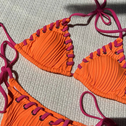 2025 Halter Wrinkled Weave Bikini Women Swimwear Female Swimsuit Two Pieces Bikini Set Brazilian Bathing Suit Swim Beach Wear