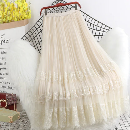 Fashion High Waist Tulle Midi Skirts Woman Lining Mesh Lace Patchwork Kawaii Harajuku Dance Bridesmaids Skirt Women