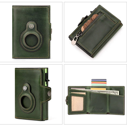 Anti-scan Magnet Credit Card Holder Wallet Genuine Leather Automatic Pop Out Aluminum Smart Wallets Luxury AirTag Purse Set