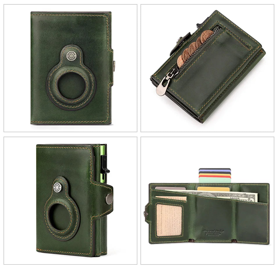 Anti-scan Magnet Credit Card Holder Wallet Genuine Leather Automatic Pop Out Aluminum Smart Wallets Luxury AirTag Purse Set