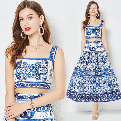 JAMERARY Summer Runway Blue And White Porcelain Two Piece Set Women Flower Print Short Crop Top + Holiday Beach Maxi Skirt Suits
