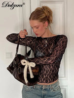 Dulzura Long Sleeves See Through Lace Crop Top Solid Sexy Bodycon T-Shirt For Women Party Club Spring Summer Clothes