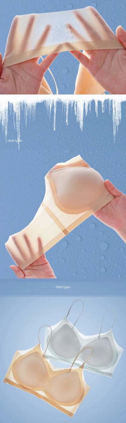 Ultra-thin Ice Silk Padded Bra Seamless Underwear Women's Thin Section  Sling Beautiful Back Vest Tops Big Chest Small Sleep Bra