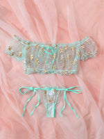 Sexy Fancy Lingerie Set 2 Pieces Transparent Halter Off Shoulder Women's Underwear Beautiful Daisy Print Bra And Panty Sets