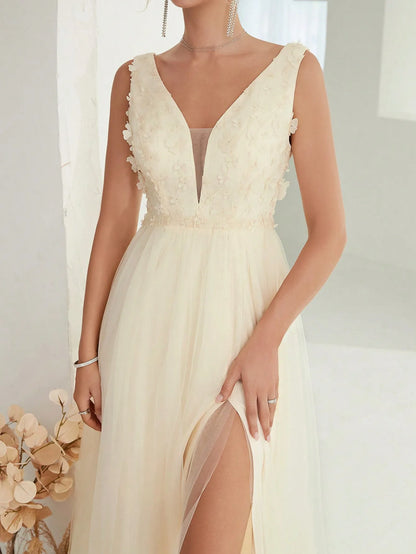 Mgiacy V-neck 3d sequin embroidered mesh slit skirt