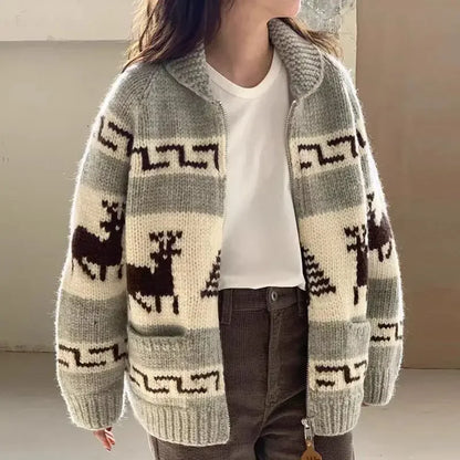 Chicautumn/winter Elegant Double-open Zipper Jacquard Knitted Cardigan Sweater For Women Korean Style Christmas Feeling