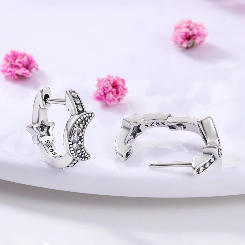 Genuine 925 Sterling Silver Love Feather Earrings Fit Original Charms Hoop  For Women girls Stud Earring Fine Jewelry Gifts