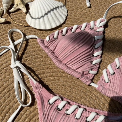 2025 Halter Wrinkled Weave Bikini Women Swimwear Female Swimsuit Two Pieces Bikini Set Brazilian Bathing Suit Swim Beach Wear