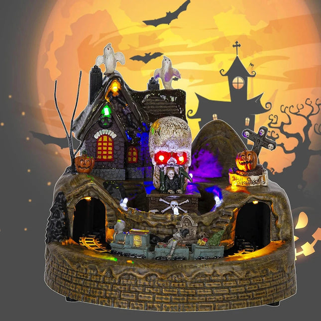 Halloween Holiday Village Train Decor with LED Lights Music Spooky Ghost & Skeleton Figurines, Festive Haunted House Decoration