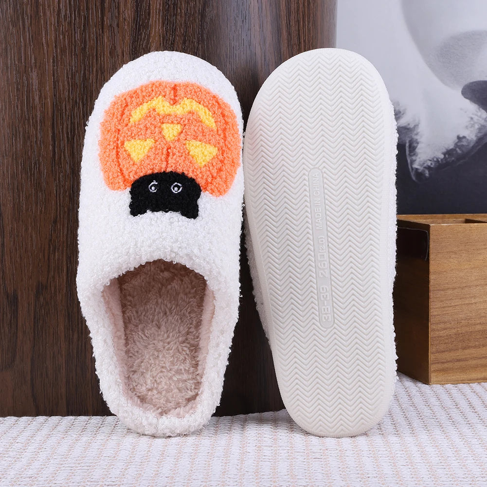 Halloween Pumpkin Cat Slippers Plush Closed Toe Slippers Flat Thermal Slippers Fuzzy Pumpkin Slippers for Outdoor Indoor Bedroom