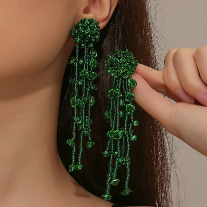 INS Japan and South Korea's popular floral tassels, silver needles, long rice bead earrings, earrings, accessories, commuting tr