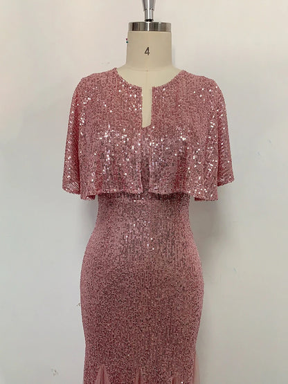 V-Neck Mermaid Dress with Shawl, Long Formal Prom Party Gown, Sequins Sleeveless, Sexy Evening Dress, Plus Size