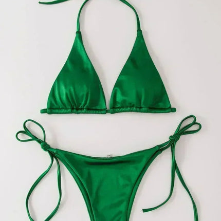 Halter Brazilian Metallic Satin Bikini Women Swimwear Female Swimsuit Two-pieces Bikini Set High Cut Bathing Suit Swim Beachwear