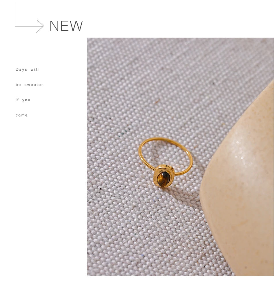 Yhpup Fashion Natural Stone Stainless Steel Oval Thin Chic Ring Women 18K PVD Plated Waterproof Jewelry Accessories 2024 Gift