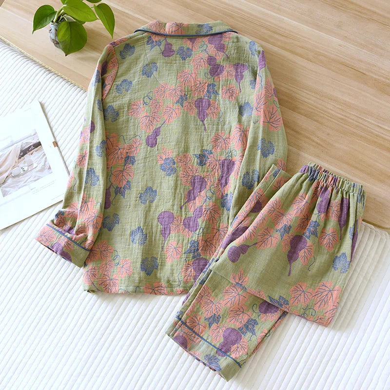 2024 Japanese Spring and Autumn New Women's Pajama Set 100% Cotton Vintage Long sleeved Pants Two Piece Set for Home Furnishings