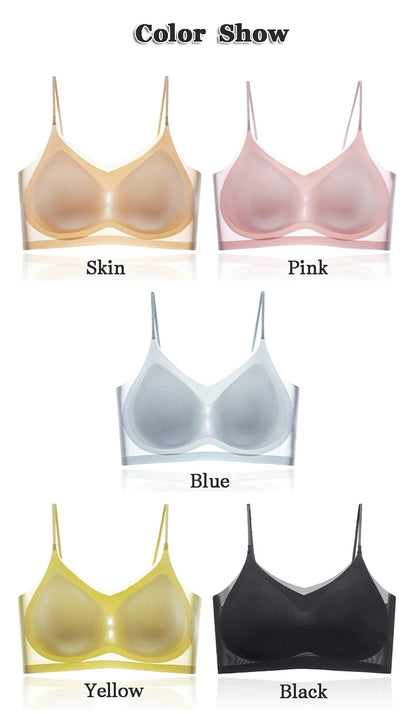 Ultra-thin Ice Silk Padded Bra Seamless Underwear Women's Thin Section  Sling Beautiful Back Vest Tops Big Chest Small Sleep Bra