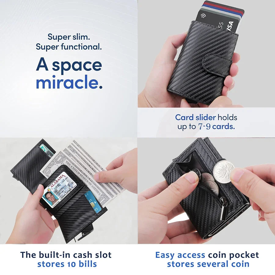 DIENQI Carbon Fiber Rfid Wallet Male Money Card Holder Pocket Mini Wallet Women Men Smart Purses Automatic Pop Up Valet Walet