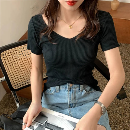 Basic V-neck Solid Thin Summer Pullover Women Female Knitted Ribbed Sweater Slim Short Sleeve Bodycon Sweater