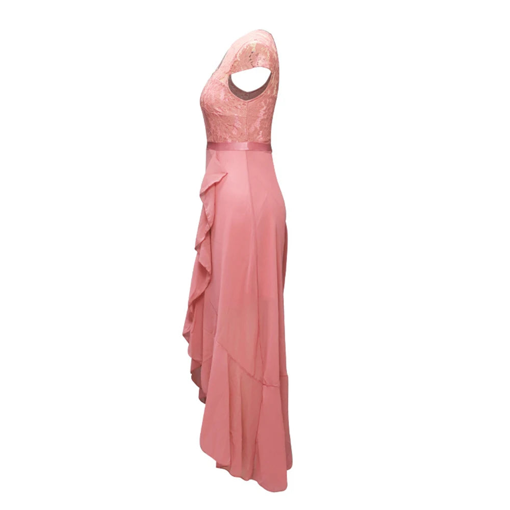 Women New Evening Party Dress Summer Elegant Fashion Sleeveless Lace Spliced Chiffon Ruffled Irregular Hem Cocktail Long Dresses