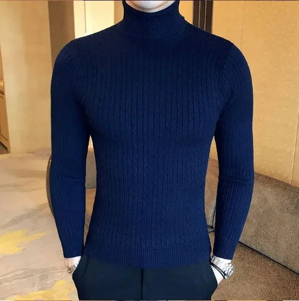 Men's High Neck Sweater Solid Color Pullover Knitted Warm Casual Turtleneck Sweatwear Woolen Mens Winter Outdoor Tops