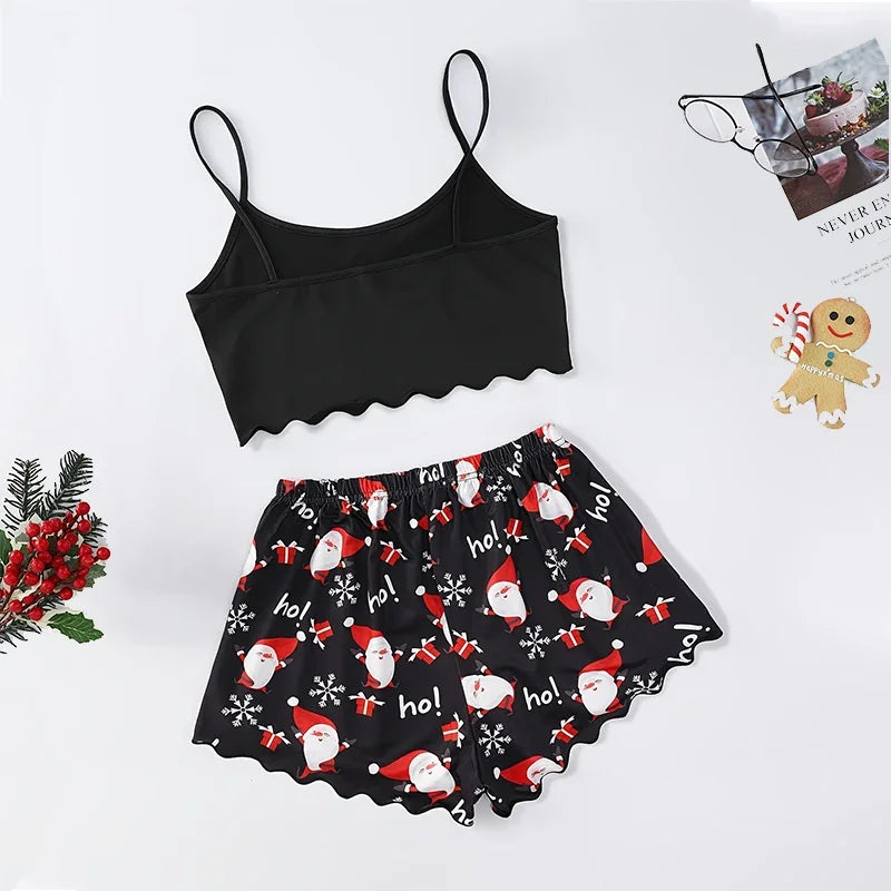 New Women's Christmas Pajama Set Thin Suspender Top with Santa Claus Printed Shorts Casual Homewear Suspender Shorts