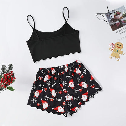 New Women's Christmas Pajama Set Thin Suspender Top with Santa Claus Printed Shorts Casual Homewear Suspender Shorts
