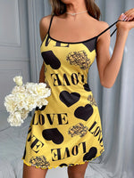 Women Summer Camisole Nightgown Backless Heart LOVE Print Soft Breathable Sleepwear Ruffle Hem Round Neck Night Dress